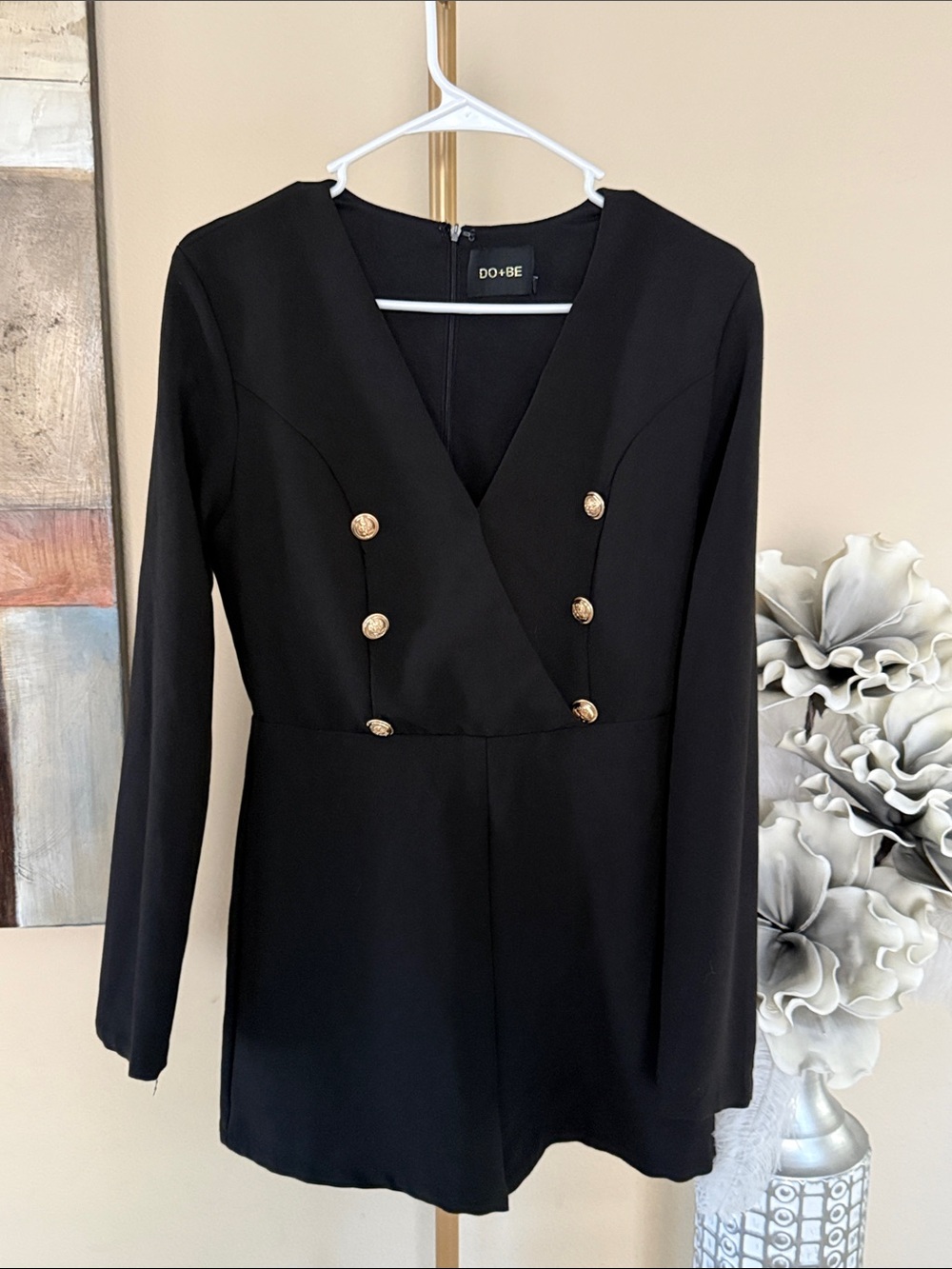 DO+BE Black Long-Sleeve Double-Breasted Romper Dress with Gold Buttons